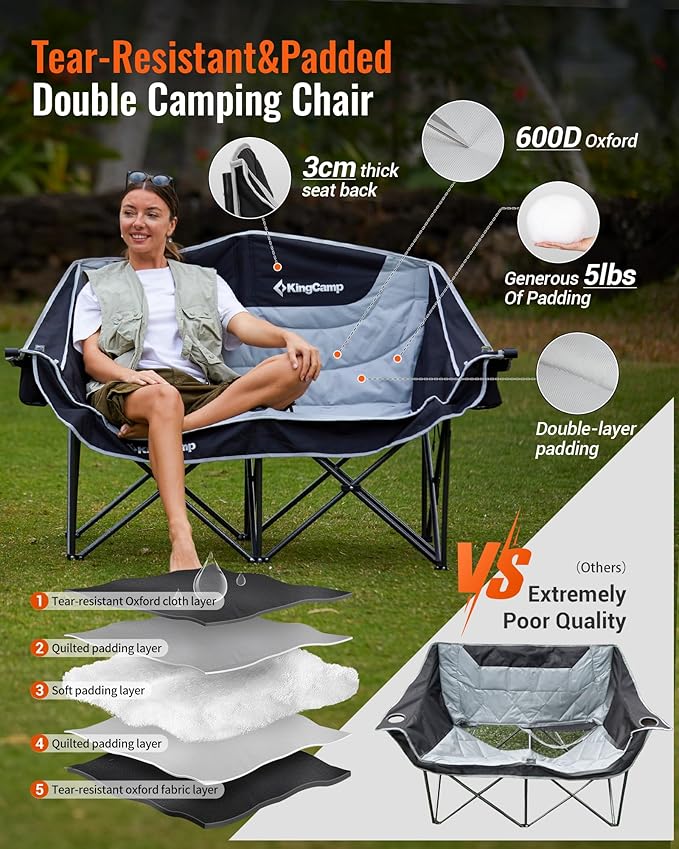 KingCamp Oversized Double Camping Chair, Heavy Duty 880lbs with Padded Seat & Cup Holders, 2 Person Loveseat Perfect for Outdoor Sports Family and Couples, Ideal for Lawn and Backyard, Black/Grey