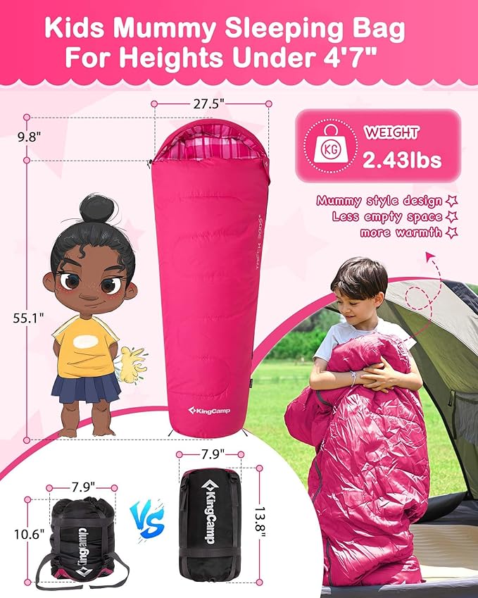 KingCamp 45°F Kids Sleeping Bag, Lightweight Waterproof & Compact Flannel Sleeping Bags Cold Weather & Warm Youth Essentials Gear Accessories for Camping, Fits 10-12 Children up to 4'7"-5'5" Tall