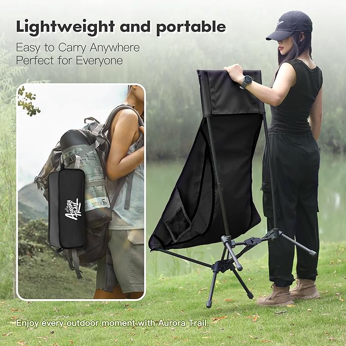 AuroraTrail High Back Folding Camping Chair with Pillow – Lightweight Portable Outdoor Chair with Cup Holder & Carry Bag, Sturdy Aluminum Frame Supports up to 374 lb for Camping, Hiking & Festivals