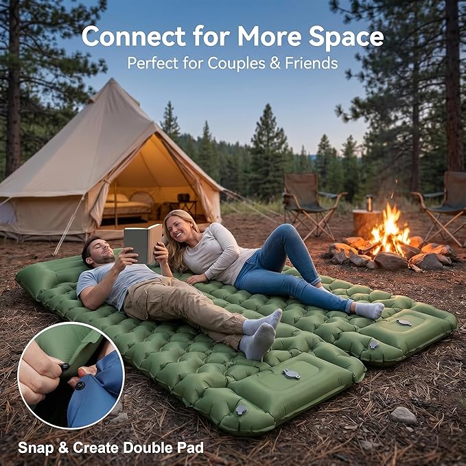 Sleeping Pad, 4” Thick Backpacking Sleeping Pad with Built-in Foot Pump & Pillow, Ultralight Self Inflating Air Mattress Camping Mat for Hiking, Tent,Travel Gear (Green)