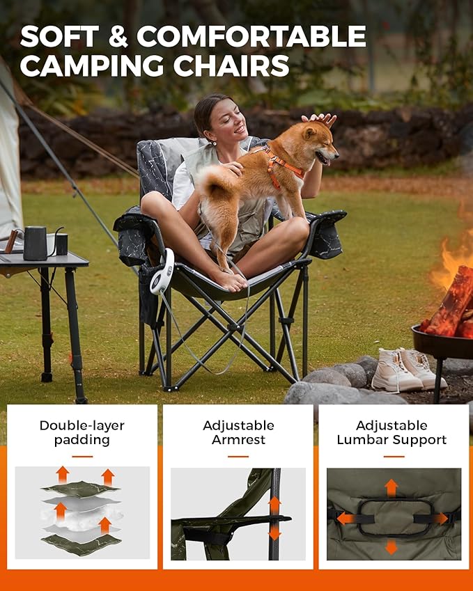 KingCamp Oversized Camping Folding Chair, Heavy Duty 450 LBS with Lumbar Support, Padded seat with Cup Holder&Cooler Bag, Ideal for Camp, Fishing, Sports Event, Backyard, Patio, Lawn
