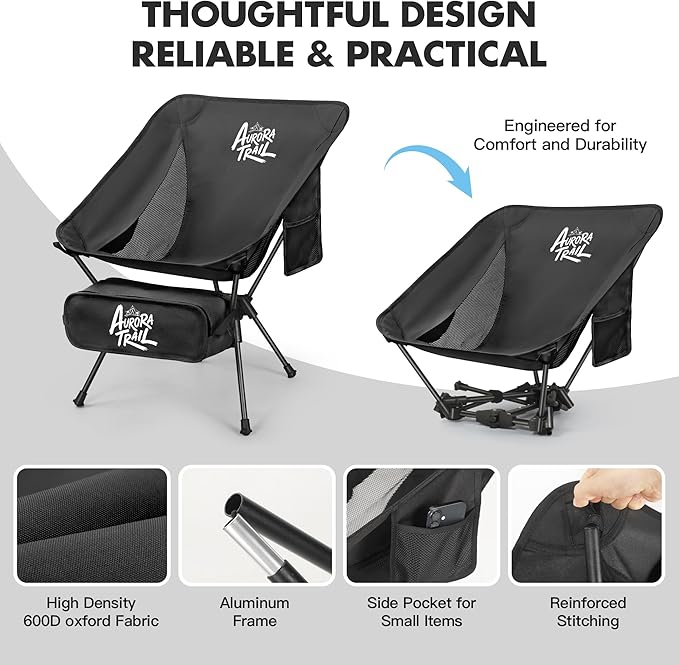 AuroraTrail Ultralight Backpacking Camping Chair – Only 2.7 lb, Supports 330 lb, Compact Folding Outdoor Seat with Carry Bag, 7075 Aluminum Frame for Hiking, Camping & Festivals (Black)