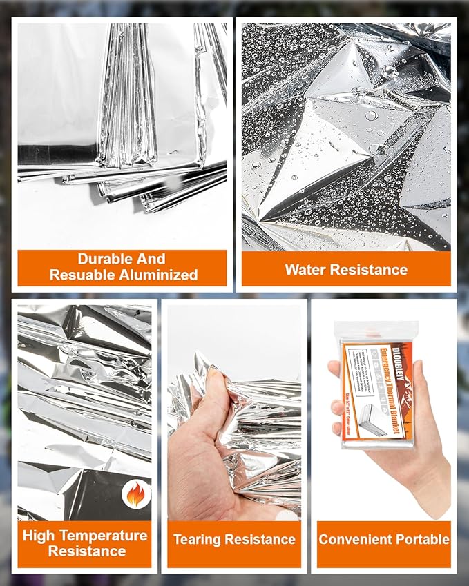 10-Pack Emergency Thermal Blankets, Heavy Duty Mylar Space Blanket with Ultimate Body Heat Retention for Camping Survival Kit, Car Emergency and Hiking, Waterproof & Windproof