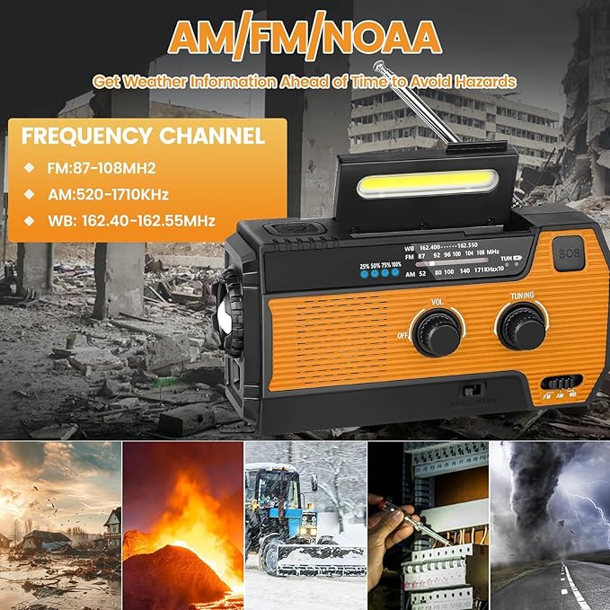 4000mAh/14800mWh Emergency Radio, Solar Hand Crank Emergency Radio - NOAA Weather Radio with AM/FM/NOAA Weather Alert, Reading Lamp, Flashlight, Cell Phone Charger and SOS Siren (Orange)