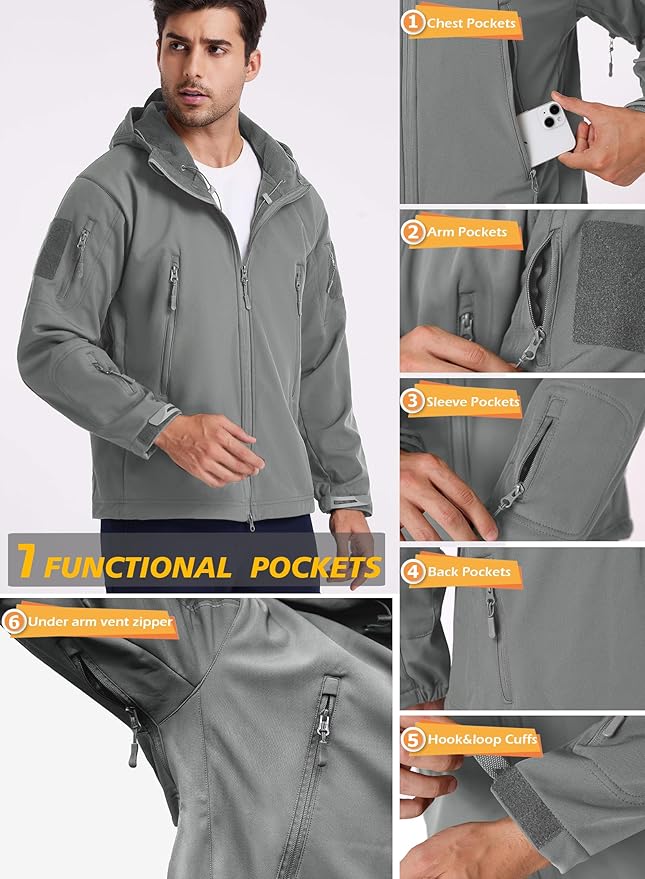 ReFire Gear Men's Army Special Ops Military Tactical Jacket Softshell Fleece Hooded Outdoor Coat