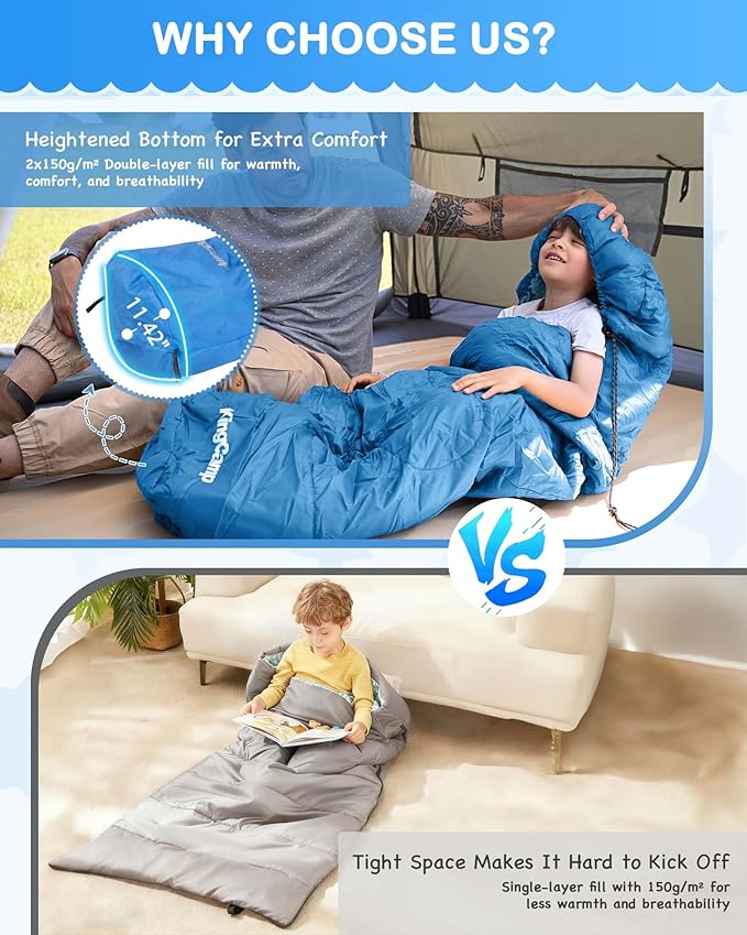 KingCamp 45°F Kids Sleeping Bag, Lightweight Waterproof & Compact Flannel Sleeping Bags Cold Weather & Warm Youth Essentials Gear Accessories for Camping, Fits 10-12 Children up to 4'7"-5'5" Tall