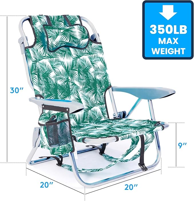 Portable Beach Chair for Adults, Outdoor Camping Chair Lay Flat Folding Backpack Beach Reclining Chair with 5 Positions, Headrest, Cup Holder, Heavy Leaf