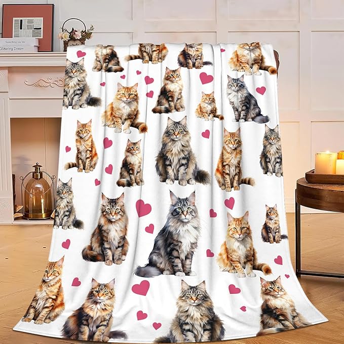Cat Blanket Soft Cute Kitten Maine Coon Plush Throw Blanket Warm Flannel Fleece Bedding Stuff Animal Decor Blanket Gifts for Cat Lover Girls Boys Kids Adults Women 50"x60"