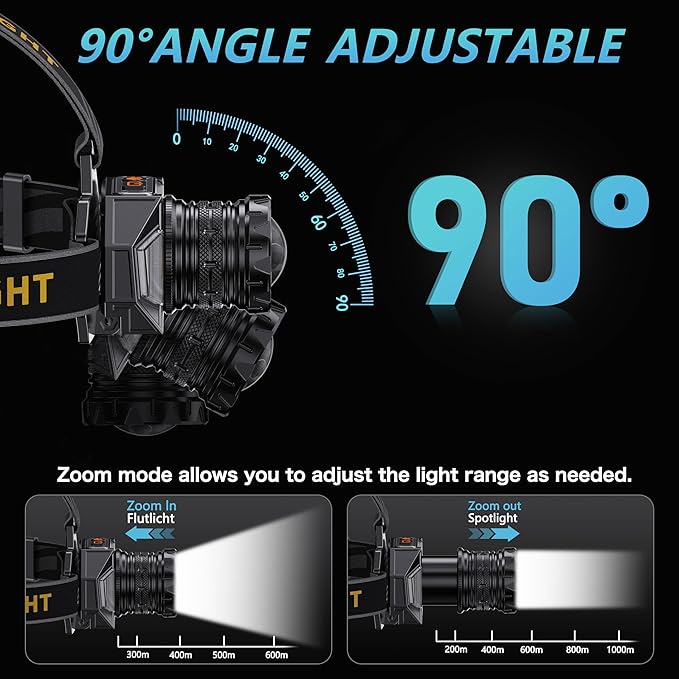 LED Headlamp Rechargeable，99000 Super Bright Head Lamp with 12 Modes & 90H Long Battery Life & IPX7 Waterproof,90° Adjustable Headlight for Outdoor Camping, Cycling, Hiking