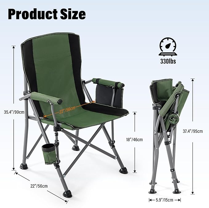 Lamberia Camping Chair for Adults, Heavy Duty 330lbs Capacity Folding Chairs for Outdoor, 600D Oxford Mesh High Back Camping Chairs with Arm Rest Cup Holder and Portable Carrying Bag(Green)
