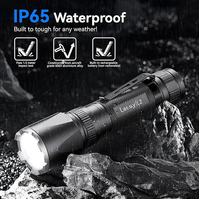 LETMY Rechargeable Flashlights High Lumens, 2 Pack 5000 Lumens Super Bright LED Tactical Flashlight, 3 Modes Samll Powerful Flash Lights with Clip, Waterproof Flashlights for Home Emergency Camping