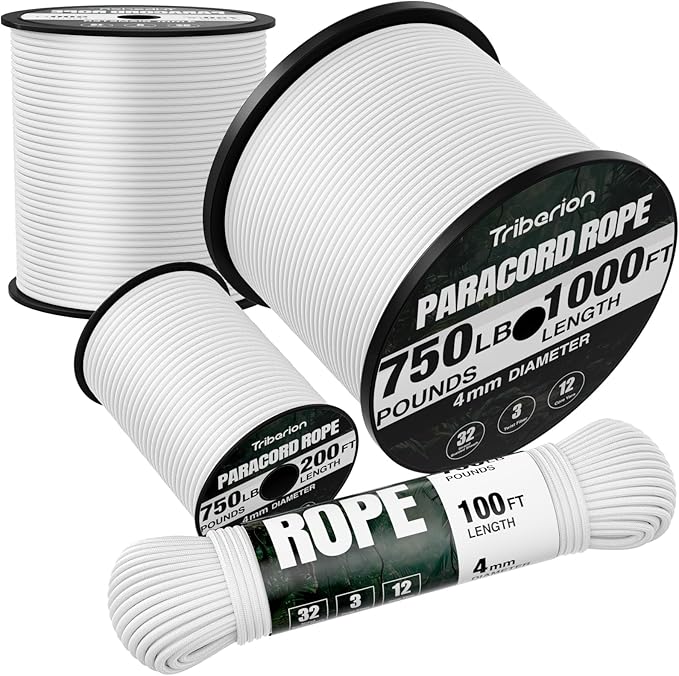 Paracord Rope 750 lb - 1000ft 5/32" Parachute Cord 4MM 12-Strand para Cord - Heavy Duty Spool String for Survival,Camping Gear, Survival Bracelet, Clothesline - White