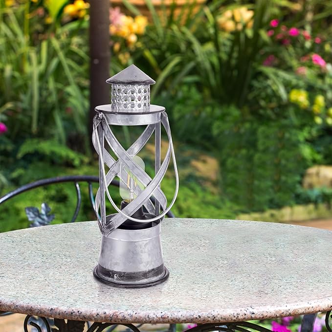 Alpine Corporation 15" H Indoor/Outdoor Vintage Metal Lantern with LED Lights, Silver