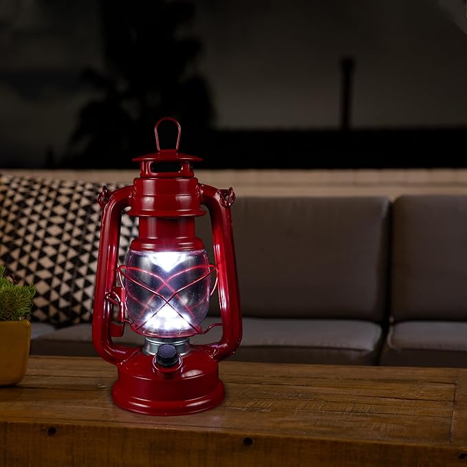 Alpine Corporation 10" H Indoor/Outdoor Metal and Glass Hurricane Lantern with Dimmable LED Lights, Red
