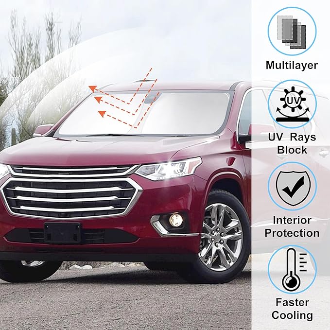 Windshield Sun Shade Custom Fit 2018-2023 Chevrolet Traverse Accessories Foldable Sunshade Sun Blocker Front Window Shades Covers Keeps Car Cooler