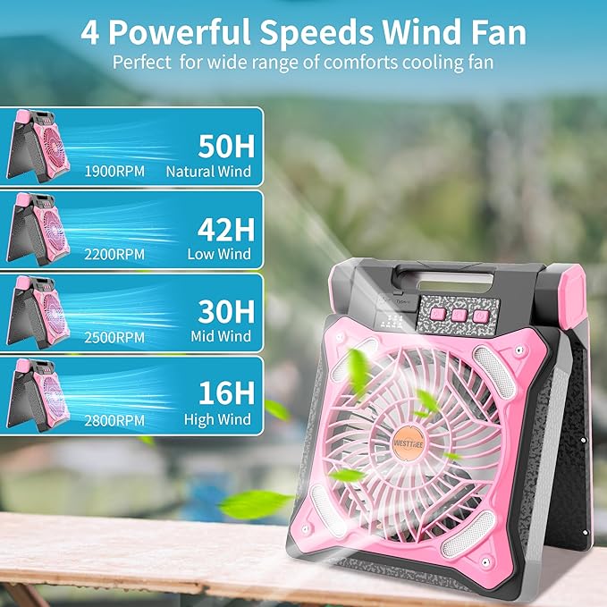 WESTTREE Solar Fan Battery Powered Rechargeable Solar Camping Fan with Led Lantern & Power Bank Foldable Angle USB Personal Fans for Travel Outdoor Camping Tents X98 Pink