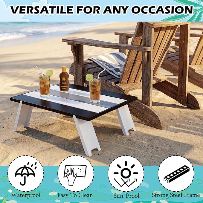 CroBlissful Beach Table Folding Camping Portable Table Striped White Aluminum Side with Carry Bag for Camping Picnics and Outdoor Activities (16x11x5 in,Gray)