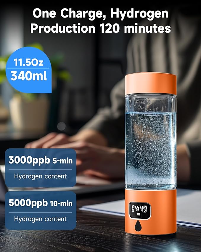 340ml Portable Hydrogen Water Bottle Generator with PEM-SPE Technology, Glass Exterior & Aluminum Shell, Produces 5000 ppb Hydrogen in 10 Minutes, for Home, Gym, Office & Travel