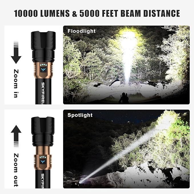 SKYFIRE Rechargeable Flashlights High Lumens,10000mAh Super Bright Flashlight Zoomable 4Modes Waterproof LED Tactical Flash Light for Camping Essentials,Outdoor and Home Emergencies
