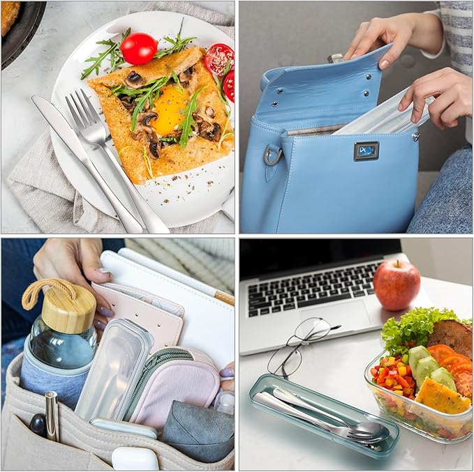 Yinkin 4 Pack Portable Travel Utensils Set with Case Reusable Stainless Steel Silverware Flatware Camping Cutlery Include Fork Spoon Knife for Work School Dishwasher Safe (Purple, Green, Blue, Pink)