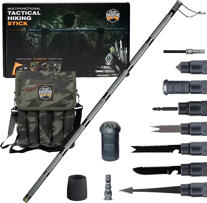 Prime Adventure 15-in-1 Tactical Survival Walking Stick & Hiking Staff – Heavy-Duty Collapsible Multitool for Camping, Hiking & Outdoor Survival Gear (8 Tubes, Premium Build)
