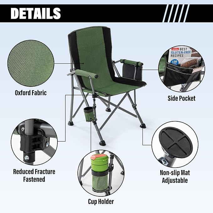Lamberia Camping Chair for Adults, Heavy Duty 330lbs Capacity Folding Chairs for Outdoor, 600D Oxford Mesh High Back Camping Chairs with Arm Rest Cup Holder and Portable Carrying Bag(Green)