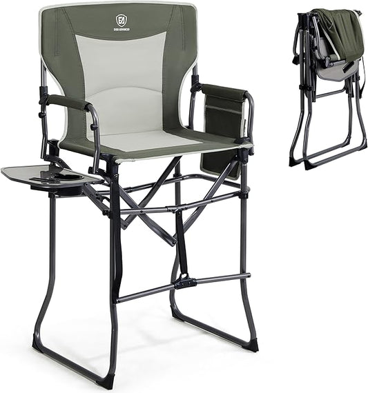 EVER ADVANCED Portable 30.7" Seat Height Tall Folding Camping Chair Directors Chair High Foldable Bar Stool with Side Table for Makeup Artist, Sports Event, Craft Show, Supports 350LBS