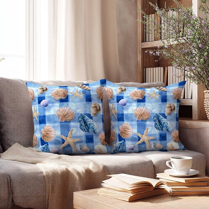 Coastal Throw Pillow Covers 18x18 Set of 2 | Blue Ocean Shell Starfish Cushion Covers | Beach Gingham Decorative Pillow Cases for Couch Sofa Living Room Bedroom