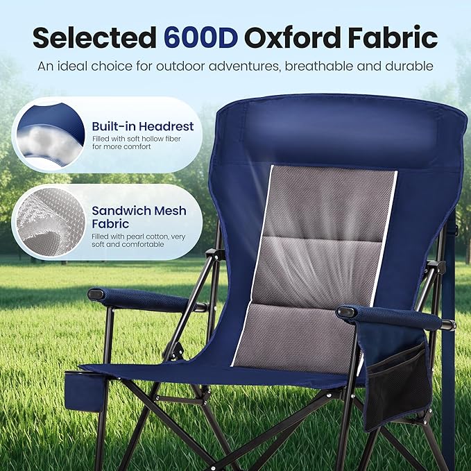 HIGH POINT SPORTS Oversized Camping Chairs for Adults, High Back Heavy Duty Lawn Chair Support 500LBS, Padded Portable Collapsible Outdoor Chair with Cup Holder, Blue, 2 Pack