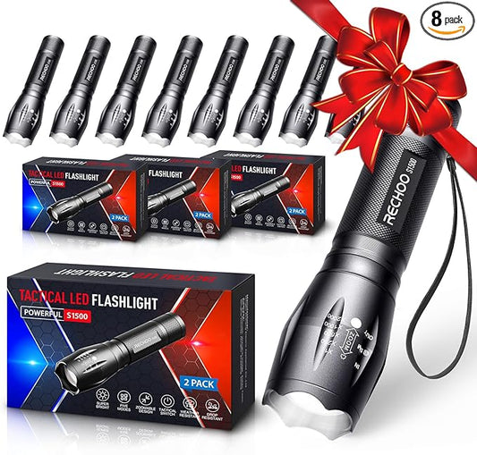 RECHOO 8 Pack LED Flashlight, Bright Powerful Flash Light with 5 Lighting Modes, Small Zoomable Tactical Flashlights High Lumens, Waterproof EDC Flashlights for Home, Camping, Emergency - S1500