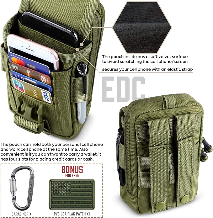 WYNEX Tactical Compass Phone Pouch, Large Molle Smartphone Holster Case Double Capacity Small Utility EDC Pouch with Compass Buckle and Carabiner