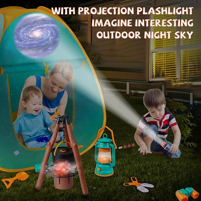 Qtioucp Kids Camping Set 50pcs with Folding Storage Table/Tent & Children’s Projector Flashlight- Outdoor Campfire Toy Set for Toddlers Kids - Pretend Play Camp Gear Tools for Birthday Christmas