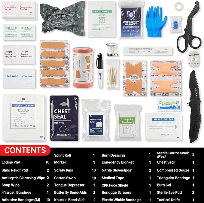 Trauma First Aid Kit, Compact Tactical IFAK Emergency Survival Kits Hemostatic Combat Wound Care Molle Pouch with Israeli Bandage, Chest Seal, Splint for Military, Black