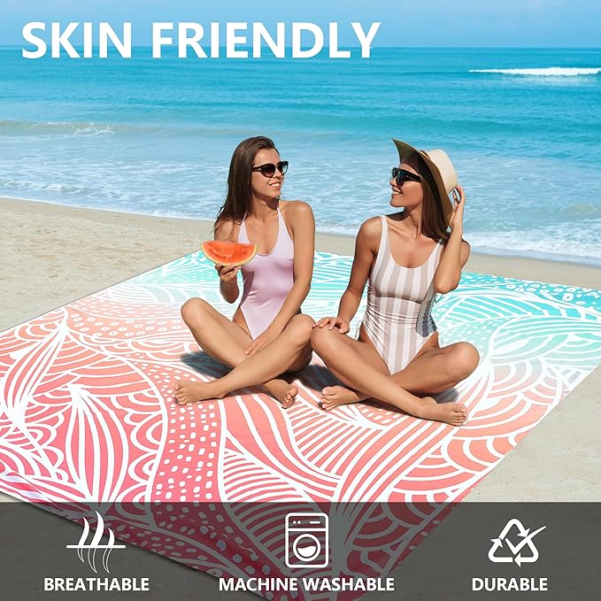 HIHOHO Beach Blanket Waterproof Sandproof Beach Mat for 1-8 Adults Quick Drying Durable Outdoor Picnic Mat for Beach Festival Travel Camping Hiking (Gradiant P&GN-Ripple, 79"×83"(4 Person))