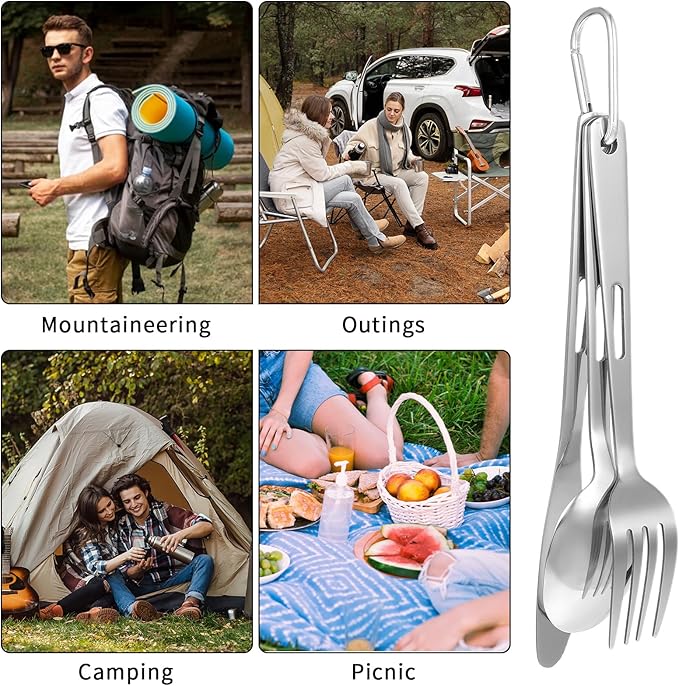 3PCS Camping Utensil Set with Carrying Bag, Stainless Steel Camp Flatware Ultralight Fork Knife Spoon Camping Cutlery Set for Outdoor Picnic Hiking Backpacking Travel