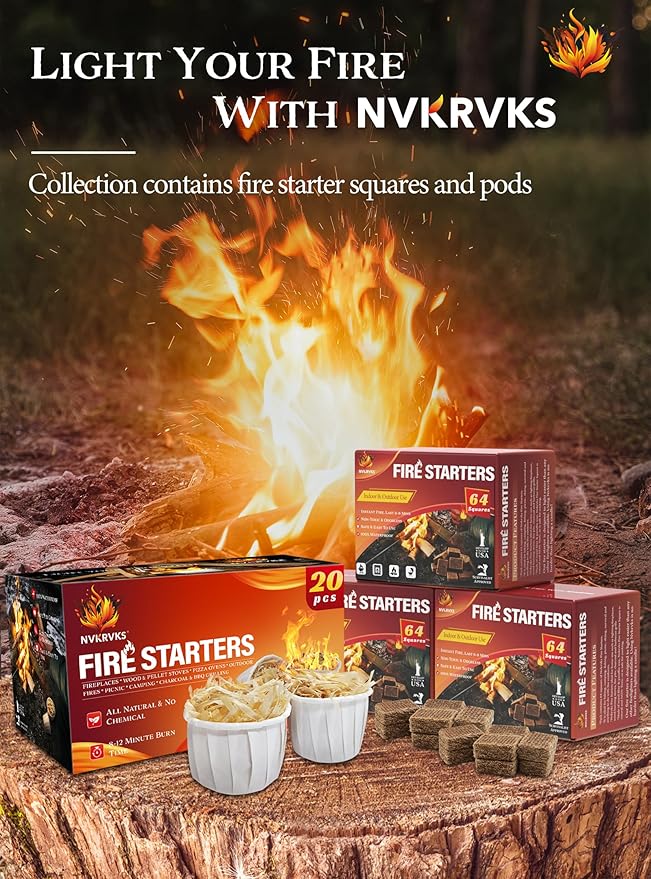 Nvkrvks Fire Starter Squares 192, Natural & Odourless FireStarters Cubes for Campfire, Fireplace, Chimney and Barbecue, Water Resistant, Easy to Ignite, Safe Camping Accessories