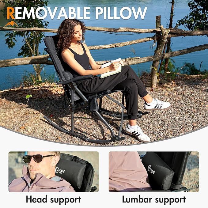PORTAL Oversized Folding Rocking Camping Chair Portable Outdoor Rocker with High Back Hard Armrests Carry Bag, Supports 400 lbs
