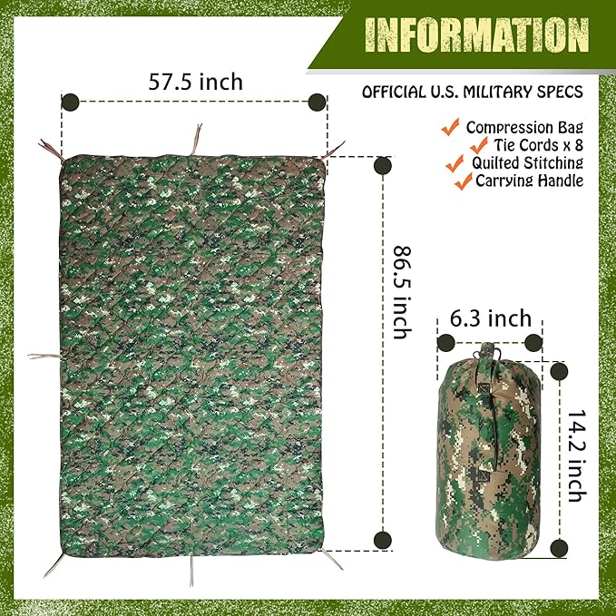 Lenotos Woobie Blanket, Thermal Insulated Military Poncho Liner, Water-Resistant, Portable, Insulation, for Hiking, Survival with Compression Carry Bag (Marpat)
