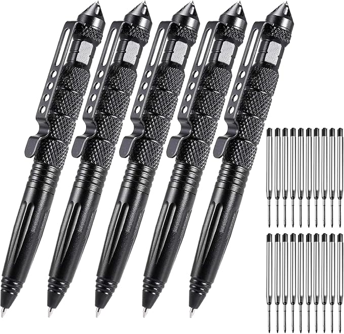 OIJ 5 Pack Military Tactical Pen Set, Professional Self Defense Pen, Emergency Glass Breaker Pen, Tungsten Steel Writing Tool With 20 Ballpoint Refills
