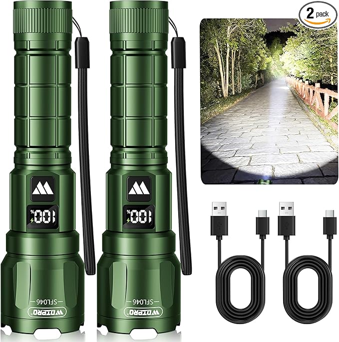 WdtPro LED Rechargeable Flashlight 2 Pack, Super Bright Zoomable 6000 Lumens Tactical Flashlight with LCD Digital Display, 3 Mode Waterproof Flash Light for Camping, Hunting & Home Emergency - Green