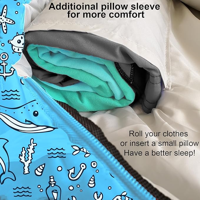 KidzAdventure Mummy Style 32 – 59F Kids Sleeping Bag with Pillow Sleeve, 4 Season, Lightweight and Backpacking Style, Ideal for Camping, Sleepover, Boys, Girls, and Youth
