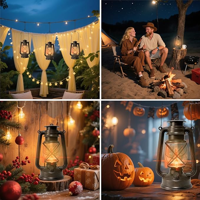 2 Pack LED Vintage Lantern Battery Powered Lanterns with Flame Wick Waterproof Camping Lamp Vintage LED Flame Lamp Hanging Lantern Lights Landscape Patio Garden Pathway Decor for Indoor/Outdoor Use