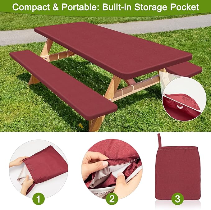 Picnic Table Cover with Bench Covers Portable Table Cloth Built-in Storage Pocket Fitted Tablecloth with Elastic Edges Waterproof Camping Essentials for Indoor Outdoor Rv,72in,Red Texture