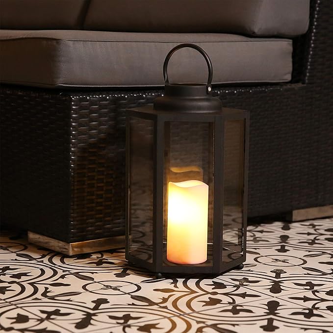 Alpine Corporation 14" Tall Outdoor Hexagonal Battery-Operated Metal Lantern with LED Lights, Black