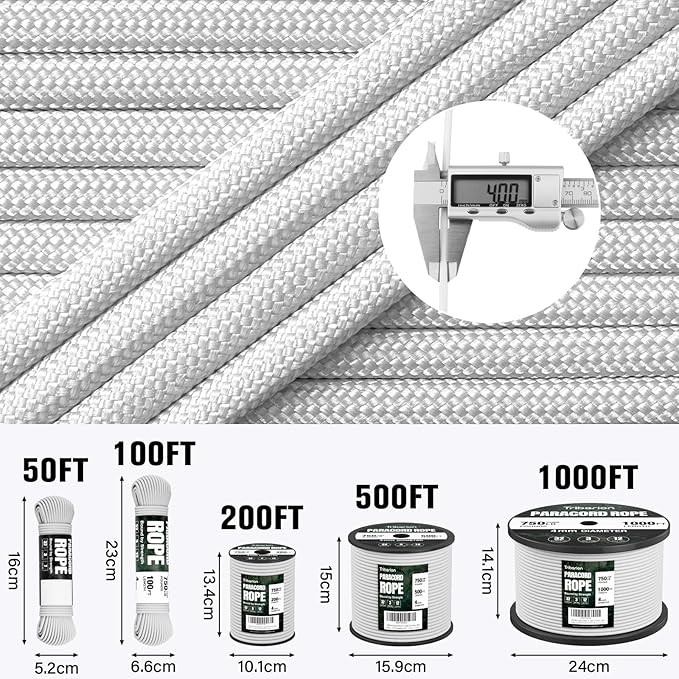 Paracord Rope 750 lb - 200ft 5/32" Parachute Cord 4MM 12-Strand para Cord - Heavy Duty Spool String for Survival,Camping Gear, Survival Bracelet, Clothesline - White