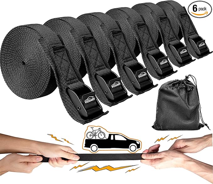 WEDAMER 6 Pack Kayak Tie Down Straps 16.4Ft Cam Buckle Tie Downs Adjustable Kayak Strap for Trucks Motorcycles Boat RV, Ratchet Lashing Straps for Roof Rack Trailer Cargo Packing Securement 1" x 16.4'