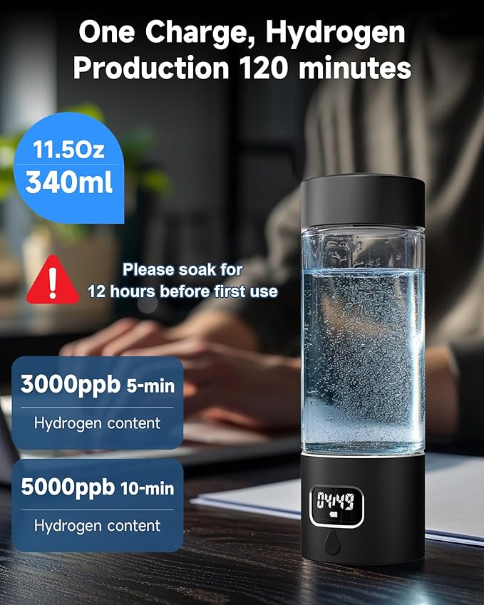 340ml Portable Hydrogen Water Bottle Generator with PEM-SPE Technology, Glass Exterior & Aluminum Shell, Produces 5000 ppb Hydrogen in 10 Minutes, for Home, Gym, Office & Travel