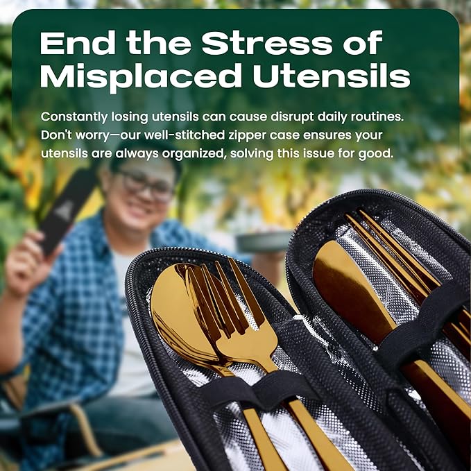 Taplord Portable Travel Silverware Set With Case, Includes 5 Pcs of Travel Utensils With Case, Stainless Steel Flatware Set For Camping, Easy to Travel, Lightweight (Gold)