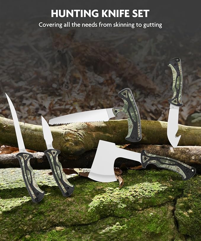Jellas Hunting Knife Set - Professional Game Processing Kit with Axe, Bone Saw, Skinning & Fillet Knives, Rib Spreader, Sharpener, Portable Field Dressing Kit & Camping Gear in Carry Case