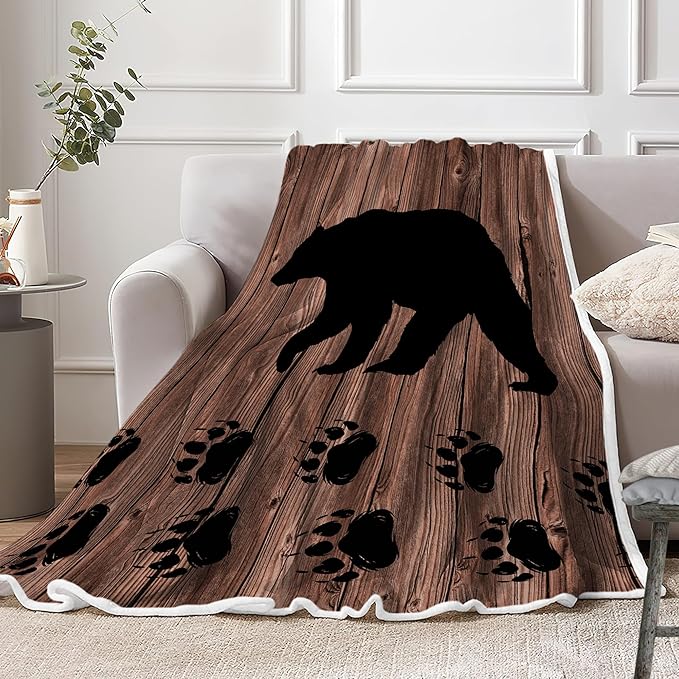 Torich Cabin Bear Throw Blankets, Rustic Lodge Brown Wooden Country Hunting Wild Animal Cozy Warm Bed Couch Blanket, White Fleece Flannel Throws to Decorate The Room and Bedroom Travel